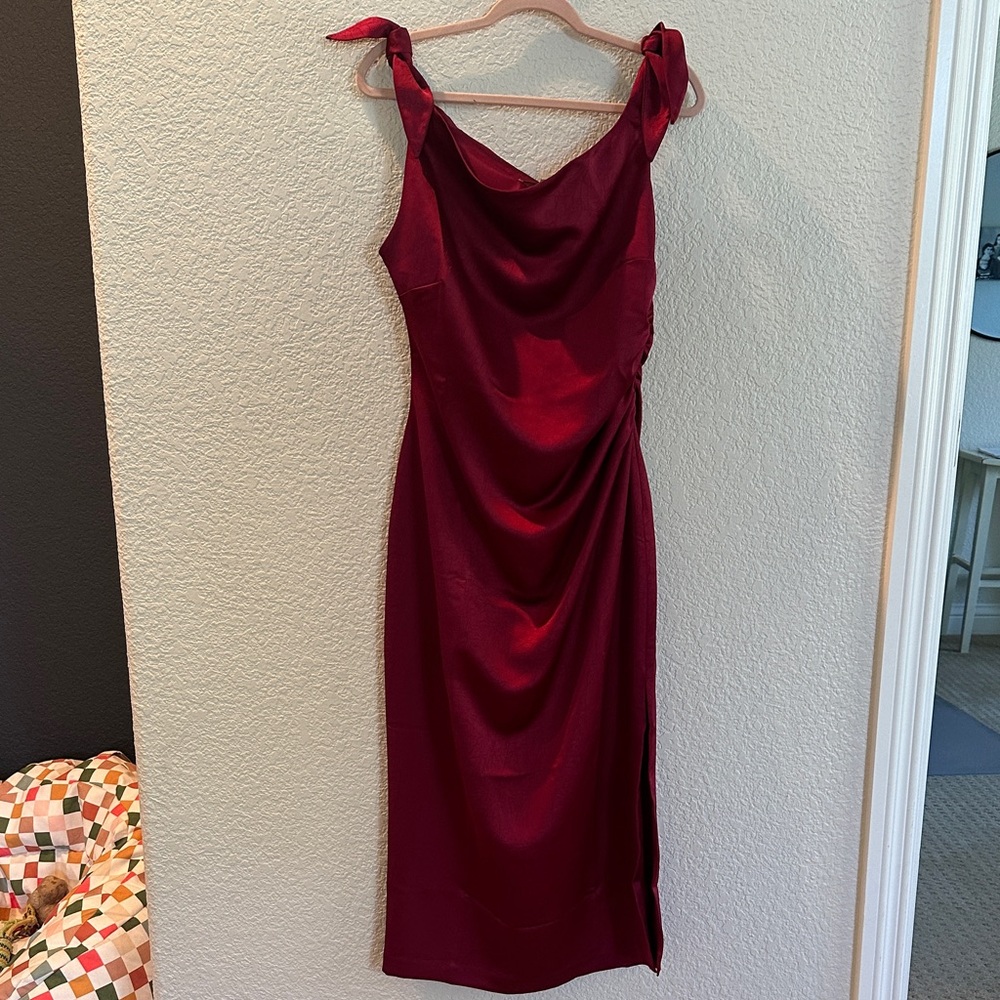 LOFT Burgundy Cowl Neck Midi Dress with Tie Straps